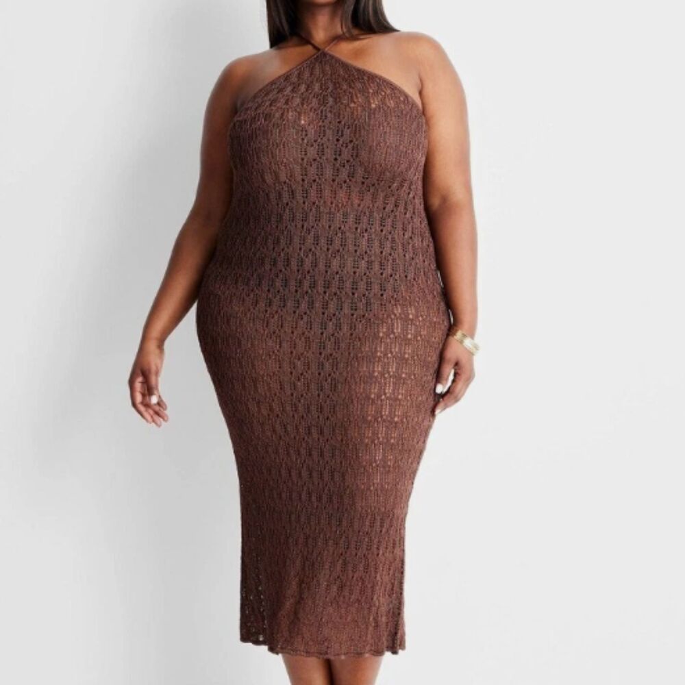 Future Collective Dress  Brown Crochet Open Knit Maxi CoverUp Coastal Cowgirl L